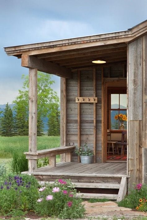 Montana Cabin, Wooden Cabin, Rustic Porch, Farmhouse Porch, Warm Fuzzies, House With Porch, Cabins And Cottages, Cabin Life, Decks And Porches