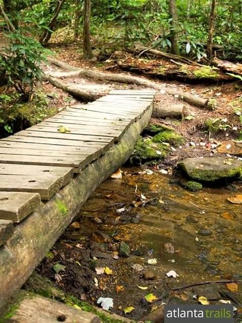 Rustic Bridge Over Creek, Diy Creek Bridge, Walking Trails Backyard, Creek Bridge Ideas, Bridge Over Creek, Backyard Bridges, Outdoor Bridges, Pond Bridge, Rustic Camping