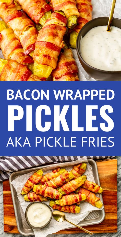 Bacon Wrapped Pickles -- These oven baked bacon wrapped pickle spears (aka pickle fries) are the perfect double-duty, easy appetizer for any gathering... Keto-friendly for your low carb guests, but still tasty enough to appeal to everyone else, and just 2 ingredients! | pickles wrapped in bacon | pickle fries recipe | bacon wrapped pickles recipe #baconwrapped #pickles #easyapps #easyrecipe #appetizers #appetizerseasy #appetizerideas Pickles Wrapped In Bacon, Pickle Fries, Bacon Wrapped Pickles, Wrapped Pickles, Pickle Spears, Dips Recipes, Oven Baked Bacon, Pickles Recipe, Friends Recipes