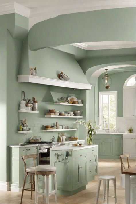 home decor interior design,interior bedroom design, kitchen designs, home paint colors Seafoam Green Kitchen Walls, Halycon Green Sw, Halycon Green, Halcyon Green Sherwin Williams, Halcyon Green, Colour Drenching, Green Kitchen Walls, Light Oak Floors, Green Painted Walls