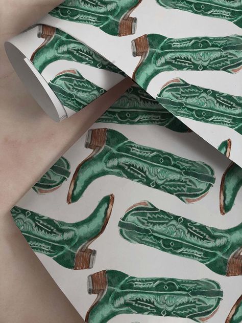 Western Gift Wrapping Ideas, Cowboy Christmas Decorations, Vintage Cowboy Christmas, Green Cowboy Boots, Western Wrapping Paper, Wrapping Paper Ideas, Boot Pattern, Diy Wrapping Paper, Holiday Gift Wrapping