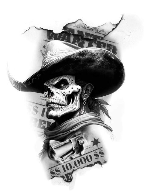 Cowboy Skull Tattoo Design, Cowboy Tattoo Design, Skull Cowboy Tattoo, Cowboy Tattoos For Men, Cowboy Skull Tattoo, Dark Cowboy, Outlaw Tattoo, Cowboy Tattoo, Arm Tattoos Drawing