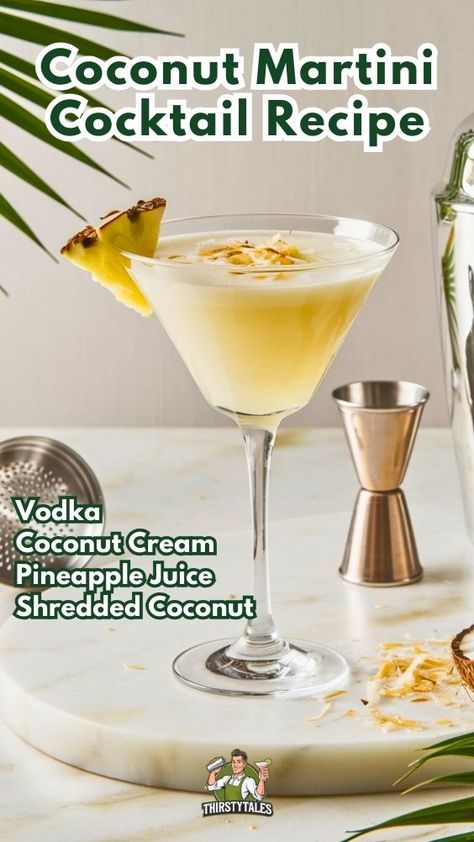 Creating a Coconut Martini Cocktail combines rich coconut flavors with smooth vodka. It's perfect for a tropical night or a fancy dinner party. Ready to get started? Let's dive into what you'll need and how to make it. Coconut Vodka Drinks, Pineapple Martini, Coconut Wine, Alcohol Treats, Coconut Martini, Drinks With Pineapple Juice, Juice Making, Fruity Mixed Drinks, Coconut Vodka