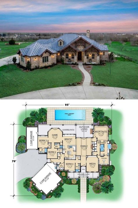 Mountain Ranch House Plans, Luxury Ranch House Plans, Single Story House Floor Plans, Ranch House Floor Plans, One Level House Plans, Luxury Ranch, Floor Plans Ranch, Ranch Style House, House Plans One Story