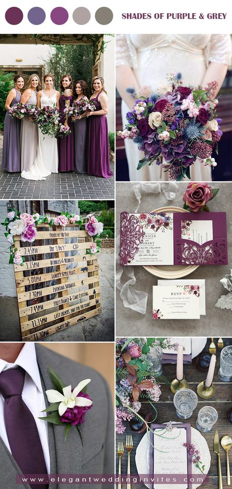 jewel tone shades of purple and grey fall wedding color palette Purple And Grey Wedding, Purple Hydrangea Wedding, Wedding Color Schemes Purple, Purple Wedding Decorations, Fall Purple, Wedding Color Palettes, Fall Wedding Color Palette, Purple Color Schemes, Purple Wedding Theme