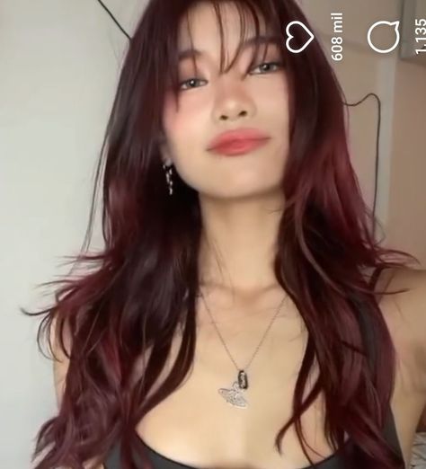 Deep Chocolate Red Hair Color, Black Cherry Hair Color With Bangs, Asian With Dark Red Hair, Cherry Coke Hair With Bangs, Dark Cherry Red Hair Asian, Cherry Coke Hair On Black Hair, Black Cherry Hair With Bangs, Cherry Coke Hair Color Asian, Asian Cherry Red Hair