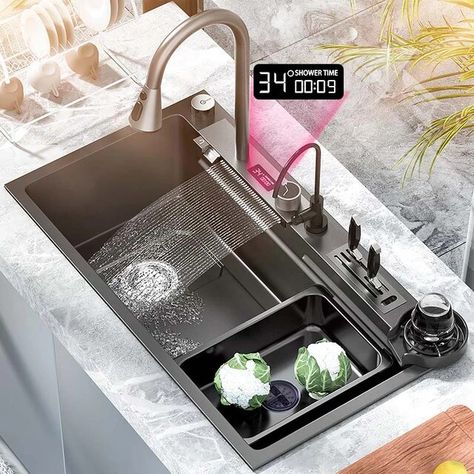 Nano Kitchen Sink 304 Stainless Steel Waterfall Sink Digital Display Large Single Bow With Multifunction Touch Waterfall Fauce - Kitchen Sinks - AliExpress Waterfall Sink, Waterfall Kitchen, Black Kitchen Sink, Kitchen Fixture, Waterfall Faucet, Single Bowl Sink, Honeycomb Design, Farmhouse Sink Kitchen, Stainless Steel Kitchen Sink