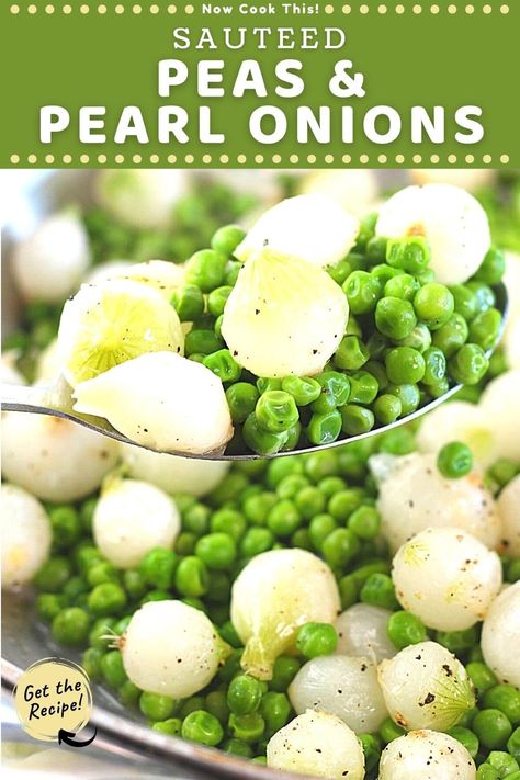 Sautéed Peas and Pearl Onions are a super quick, easy and delicious vegetable side dish that you can serve with a weeknight dinner, a holiday dinner, or for any occasion. Using frozen peas and pearl onions along with some butter, salt and pepper keeps it simple, fast and flavorful. And it goes with just about anything! Get the recipe and try it! Frozen Pea Recipes Side Dishes, Peas And Onions Side Dish, How To Cook Pearl Onions, Pearl Onion Recipes Side Dishes, Creamed Peas And Pearl Onions, Pea Side Dish Recipes, Easter Peas, Fresh English Peas Recipe, Frozen Peas Recipe Side Dishes