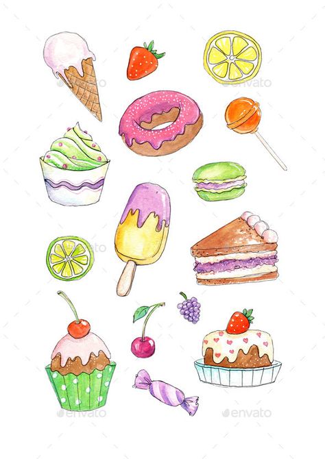 Very cute and delicious looking illustrations of different kinds of desserts. These images are hand drawn in a popular sketchy man Sketches Objects, Macaroon Party, Cartoon Cherry, Candy Cartoon, Cake Sketch, Desserts Drawing, Recipe Book Diy, Watercolor Typography, Color Pencil Sketch