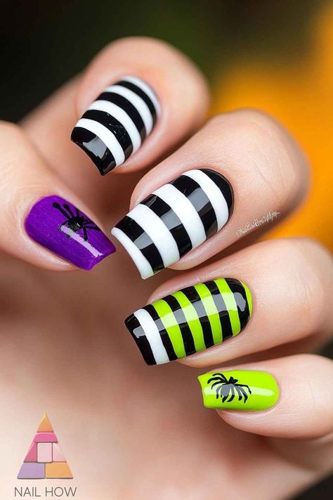 Color Street Beetlejuice Nails, Purple Green And Black Nails, Beetle Juice Nails Designs, Lydia Deetz Nails, Beetlejuice Nails Short, Beetlejuice Nail Designs, Halloween Nails Beetlejuice, Beetlejuice Nail Art, Beetle Juice Nails