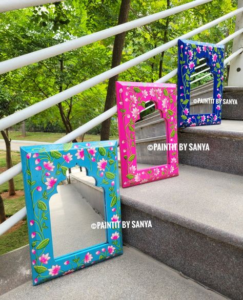 Hand-painted mirror jharoka Mdf Jharokha Painting, Jharokha Painting, Pichwai Lotus, Mdf Art, Hand Painted Mirrors, Pots Diy, Painted Mirror, Painted Picture Frames, Temple Design For Home