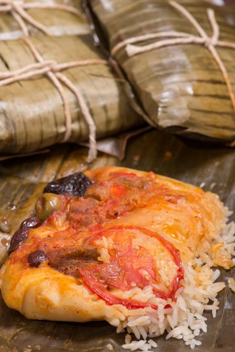 Nicaraguan Nacatamales are a real treat.  They are different than a Mexican style tamale as the masa has a bit of bitter orange added to it.  It also has rice, meat, potato, tomato, and usually some prunes, green olive, capers and raisins.  They are time consuming to make like all tamales ... Tamales In Crockpot, Meat Recipes Healthy, Central American Food, Nicaraguan Food, Tamale Recipe, Hispanic Food, Latin Food, Spanish Food, Food Pin