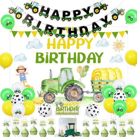 PRICES MAY VARY. Value Package: Tractor birthday decorations include 20pcs latex balloons 12”, 1pc tractor birthday backdrop 5*3 ft, 1pc tractor birthday banner, 1pc tractor cake topper, 12pcs tractor cupcake toppers and 2pcs ribbons. High Quality: Tractor first birthday decorations are made of premium latex, cardstock, and vinyl, sturdy and durable. Cute Design: Tractor birthday backdrop, cake topper and cupcake toppers are designed as cute farm tractor pattern, with green, yellow and white bal Tractor 2nd Birthday, Tractor First Birthday, Tractor Party Favors, Backdrop Balloon Garland, Backdrop Balloon, Tractor Birthday Party, Tractor Party, Farm Themed Birthday Party, Boy Birthday Decorations