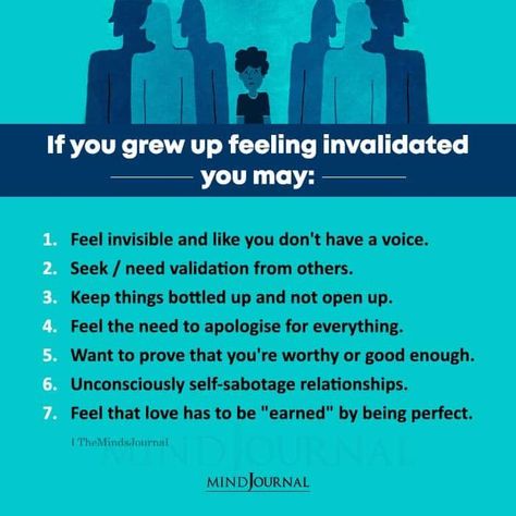 If You Grew Up Feeling Invalidated You May:- Feel invisible and like you don’t have a voice; Seek/ need validation from others; Keep things bottled up and not open up; Feel the need to apologise for everything; Want to prove that you’re worthy or good enough; Unconsciously self-sabotage relationships; Feel that love has to be “earned” by being perfect. #feelinginvalidate #mentalhealth