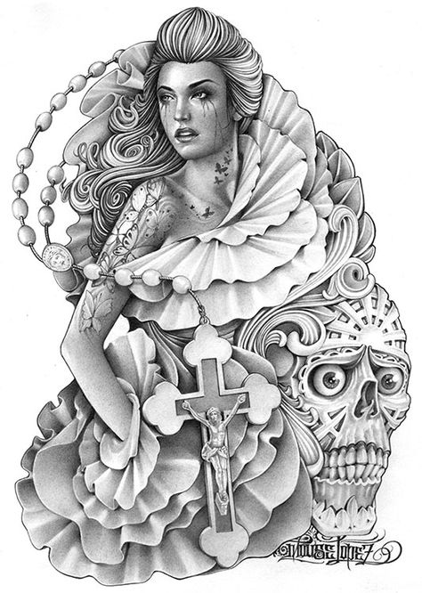 Tattoo mouse lopez Skull Rosary, Traditional Chicano Tattoos, Tattoo Canvas, Mike Giant, Art Chicano, Chicanas Tattoo, Rosary Tattoo, Latino Art, Prison Art