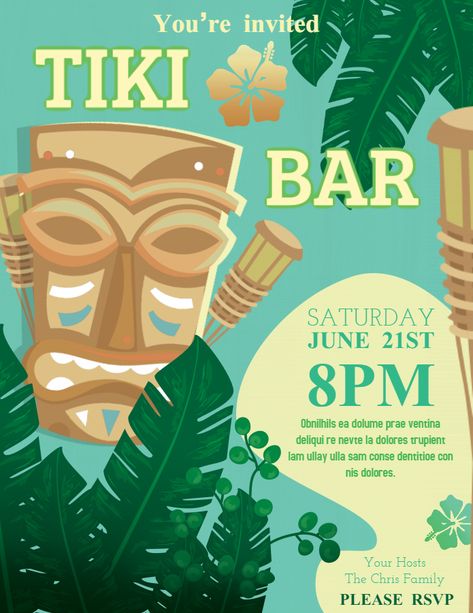 Tiki bar Luau party flyer poster template. Tiki Invitations, Tiki Background, Tiki Bar Party, Hawaiian Luau Party Invitations, Luau Party Invitations, Hawaii Themed Party, Party Invitation Design, Luau Invitations, Hawaiian Party Theme