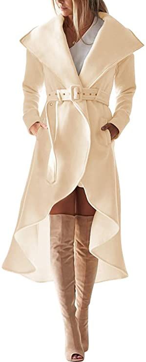 Amazon.com: SAUKOLE Women's Winter Wool Trench Coat Wrap Large Collar High Low Jacket Outwear with Belt Beige : Clothing, Shoes & Jewelry Coats Closet, Amazon Workwear, Cute Amazon Outfits, High Low Coat, Beige Coats, Amazon Jeans, Outfit Ideas Amazon, Amazon Clothing Finds, Winter Coats For Women