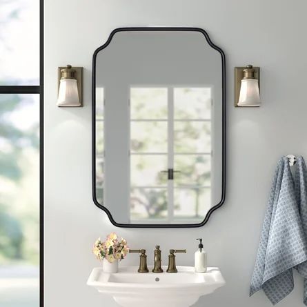 Three Posts™ Willimantic Beveled Accent Mirror | Wayfair Farmhouse Bathroom Mirrors, Powder Room Mirror, Bath Mirror, Sophisticated Decor, Warm Colour Palette, Hanging Wall Mirror, Accent Mirror, Curtain Designs, Bathroom Vanity Mirror