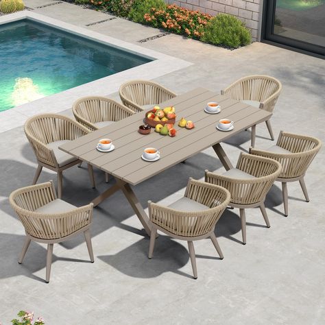 PRICES MAY VARY. The all-weather dining table set includes: 1 X dining table (80.71"L x 38.58"W x 29.13"H), 8 X dining chairs (19.69"L x 18.5"W x 29.33"H), and 8 X cushions. Premium Material: All Aluminum frames with powder coating impart exceptional structural robustness, ensuring long-term integrity and rust resistance. Ergonomic Design: The backrest angle of dining chairs is optimized for superior ergonomic support and comfort. Soft Cushion: High-density fabric and sponge create a soft, durab Small Outdoor Patios, Modern Outdoor Dining, Wicker Dining Set, Outdoor Patio Table, Patio Dining Table, Front Porch Decorating, Modern Patio, Dining Table Set, Outdoor Dining Furniture