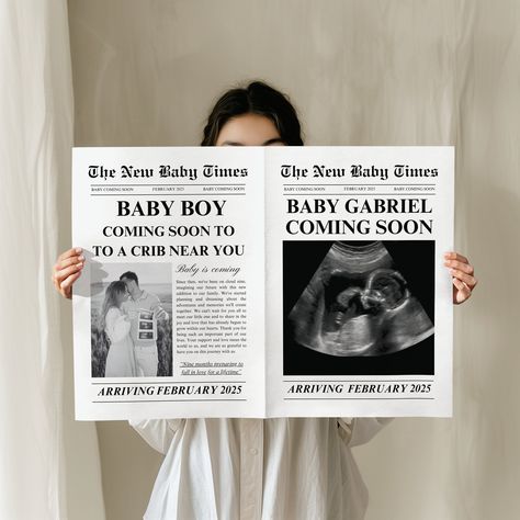 Baby Announcement Newspaper Template, Pregnancy Reveal Newspaper, Editable Pregnancy Newspaper, Gender Reveal Newspaper, New Baby Times Newspaper Gender Reveal, Newspaper Announcement, Pregnancy Scan, Baby Is Coming, Newspaper Program, Diy Newspaper, Pregnancy Pics, Baby News, Times Newspaper