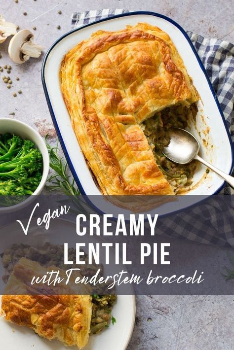 Top w/biscuits - sub cashew for cream - add coconut aminos & more seasoning Lentil Pie Puff Pastry, Vegan Puff Pastry Recipes Dinners, Lentil Pie Recipe, Vegan Puff Pastry Recipes Savory, Lentil Pie, Creamy Lentils, Puff Pastry Recipes Dinner, Curried Parsnip Soup, Vegan Puff Pastry