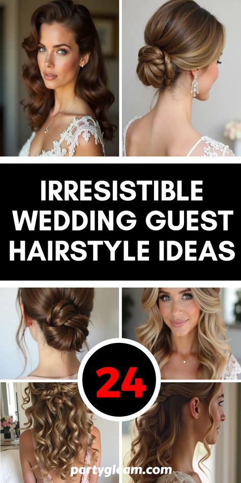 24 wedding guest hairstyles that will have you looking fabulous and feeling confident! From Old Hollywood waves that scream glamour to romantic waves perfect for any venue, we've got it all. Check out soft curls for an effortlessly stylish look or the chic low ponytail with twists that adds sophistication to your style. Whether you're attending a garden ceremony or a black-tie event, these hairstyles will make heads turn. Get ready to shine at the next wedding you attend with these stunning options! Day Wedding Hairstyle Guest, Hair For Off The Shoulder Dress Wedding, Soft Glam Curls Wedding, Classic Curls Wedding Hair, Wedding Guest Hair And Makeup, Black Tie Hairstyles, Romantic Waves, Garden Wedding Hairstyles, Old Hollywood Waves