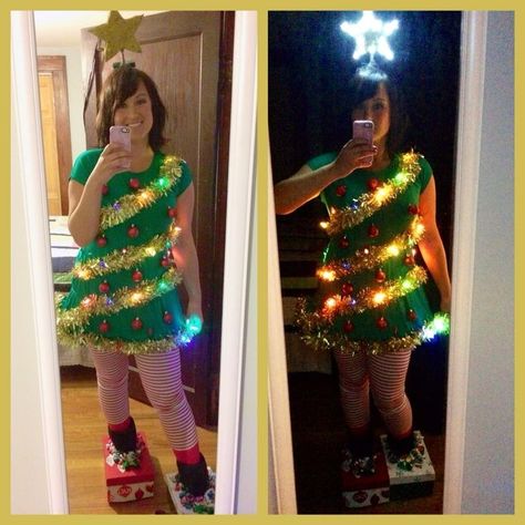 Dress Up Like A Christmas Tree, Christmas Ornaments Costume, Diy Christmas Tree Costume Women, Christmas Tree Dress Up, Christmas Tree Outfit Kids, Shiny And Bright Christmas Outfit, Diy Christmas Tree Dress, Wacky Tacky Christmas Outfits, Dress Like A Christmas Tree For School