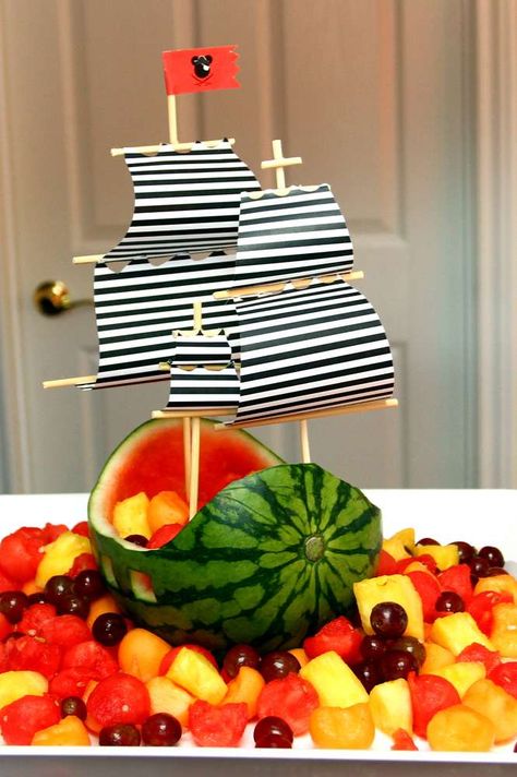 Mickey Mouse Pirate Birthday Party Ideas | Photo 17 of 27 | Catch My Party Mickey Mouse Pirate Birthday, Disney Themed Birthday Party, Watermelon Boat, Bos Baby, Pirate Themed Birthday Party, Pirate Themed Birthday, Nautical Birthday Party, Bowl Ideas, Nautical Themed Party