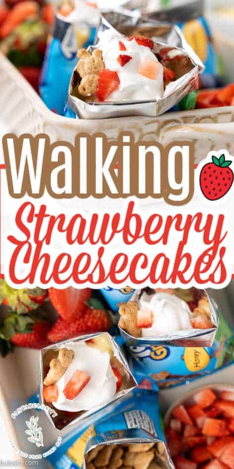 These are perfect walking desserts for a party or for a fun snack after school! Teddy Grahams, Cool Whip, strawberries, yum!! Walking Strawberry Cheesecake Dessert, Walking Cheesecake Dessert, Teddy Graham Recipes, Desserts For Camping Make Ahead, Easy Handheld Desserts, Teddy Graham Snack Ideas, Walking Dessert In A Bag, Walking Desserts, Handheld Desserts