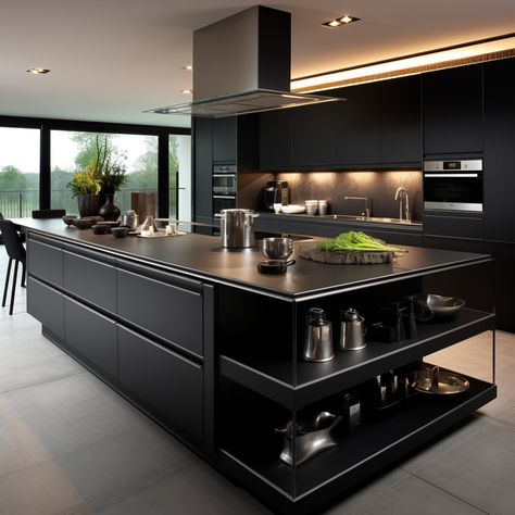 Crazy Kitchen Design, Black Matt Kitchen, Kitchen Design Dark, Luxury Kitchen Design Modern Interiors, Black And White Kitchen Cabinets, Italian Kitchen Ideas, Luxury Kitchen Design Modern, Modern Kitchen Island Design, Matt Kitchen