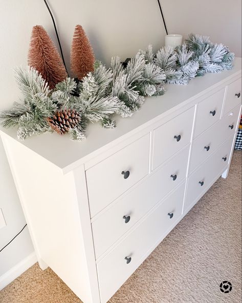 Bedroom Dresser Christmas Decor, Christmas Decor Dresser, Christmas Dresser Decor Bedroom, Christmas Dresser Decor, How To Decorate Dresser, Blush Christmas Decor, Christmas Entry Table, Decor For Dresser, Dresser Decoration