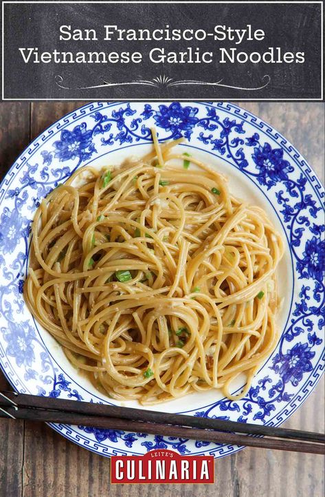 These San Francisco-style Vietnamese garlic noodles, originally made popular at Thanh Long, are an easy, satisfying stir-fry dish made with plenty of garlic, pasta, fish sauce, oyster sauce, soy sauce, butter, and Parmesan cheese. #garlicnoodles #garlicnoodleswithshrimp #easypastarecipe @kenjilopezalt Vietnamese Garlic Noodles Recipe, Vietnamese Garlic Noodles, Pasta Fish, Garlic Butter Noodles, Beef Noodle Stir Fry, Garlic Noodles Recipe, Beef Chow Mein, Thanh Long, Garlic Noodles