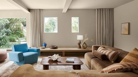 Dulux Reveals The Trending Colours Of 2024 Dulux Just Walnut Living Rooms, Dulux Colour Schemes, Popular Neutral Paint Colors, Walnut Living Room, Dulux Paint Colours, Ceiling Trim, Japandi Interiors, Pink Glass Vase, Dulux Paint