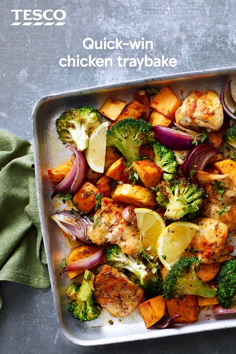 This simple chicken traybake is sure to be popular with all the family. Tender chicken thighs, sweet potatoes, onions and broccoli are roasted with zesty lemon and paprika for a colourful midweek meal. | Tesco Traybake Chicken, Sweet Potato And Chicken, Potato Salmon, Broccoli Roasted, Chicken Traybake, Seared Salmon Recipes, Chicken Tray Bake, Chicken Potato, Bake Chicken