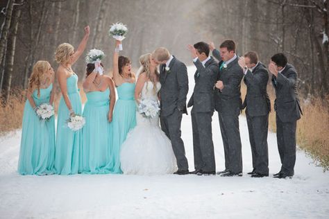 A winter wedding on the first snow fall of the season in a palette of Tiffany blue and silver | Crown Photography: crownphotography.ca Turquoise Winter Wedding, Tiffany Blue And Grey Wedding, Crown Photography, Tiffany Blue Weddings, Turquoise Bridesmaid, Blue Winter Wedding, Turquoise Bridesmaid Dresses, Tiffany Blue Wedding, Aqua Wedding