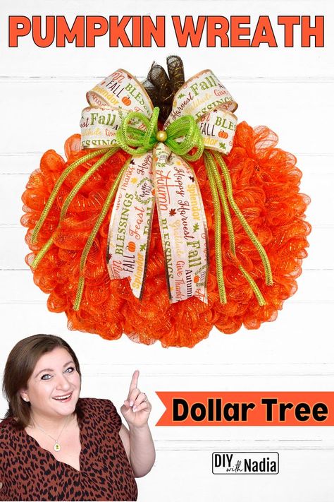 Dollar Tree Pumpkin Wreath DIY Tutorial | Deco Mesh Method Fall Mesh Wreaths Diy, Pumpkin Mesh Wreaths, Dollar Tree Pumpkin Wreath, Thanksgiving Mesh Wreath, Pumpkin Wreath Tutorial, Deco Mesh Pumpkin, Fall Wreath Tutorial, Pumpkin Wreath Diy, Diy Deco Mesh Wreath