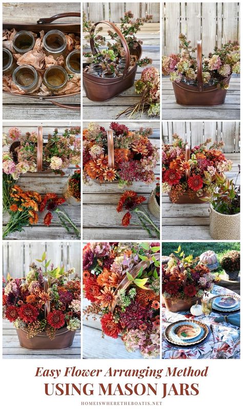 Easy Flower Arranging Method using Mason Jars #tablescape #thanksgiving #tablesetting #alfresco #lake #turkeys #diy #centerpiece ©homeiswheretheboatis.net Mason Jar Thanksgiving Centerpieces, Thanksgiving Table Inspiration, Thanksgiving Flower Arrangements, Tablescape Thanksgiving, Diy Centerpiece, Long Vase, Giving Thanks, Mason Jar Crafts Diy, Easy Flower