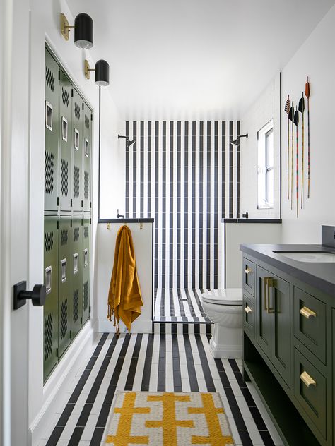 Newport Beach House, Striped Tile, Aesthetic Bathroom, Boys Bathroom, Kids Bath, Kids' Bathroom, White Bathroom, Pool House, Bathroom Inspiration