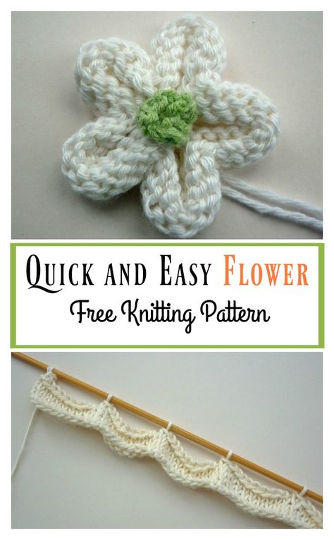 Quick and Easy Flower Free Knitting Pattern #freepattern #knitting #Flower Knitted Flowers Free, Appliques Au Crochet, Knitted Flower Pattern, Baby Hat Knitting Pattern, Easy Knitting Projects, Beginner Knitting Patterns, Easy Knit, Baby Knitting Patterns Free, Lace Knitting Patterns