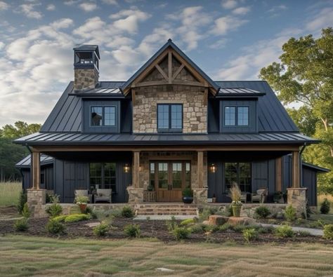 Navy Blue Barndominium Exterior, Blue Barndominium Exterior, Blue Barndominium, 2 Bedroom Barndominium, Barndominium Exterior, Property Ideas, House Vibes, Dream Life House, Colorado Homes