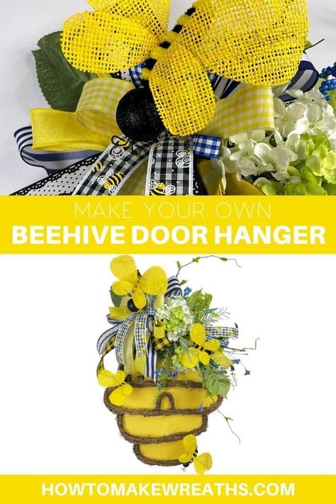 Are you just as obsessed with bees as we are? I just love the color combinations that bees have, and they work perfectly in a wreath as well. Today, I’m showing you how to make a fun and vibrant front door hanger in the shape of a beehive. It has everything you need to spring into summer with style! Bee Hive Door Hanger, Diy Bee Wreath, Bee Hive Wreath Diy, Beehive Wreath Dollar Tree, Bee Hive Wreath Diy Dollar Tree, Bee Wreath Form, Bee Wreaths For Front Door, Beehive Wreath, Bee Hive Wreath