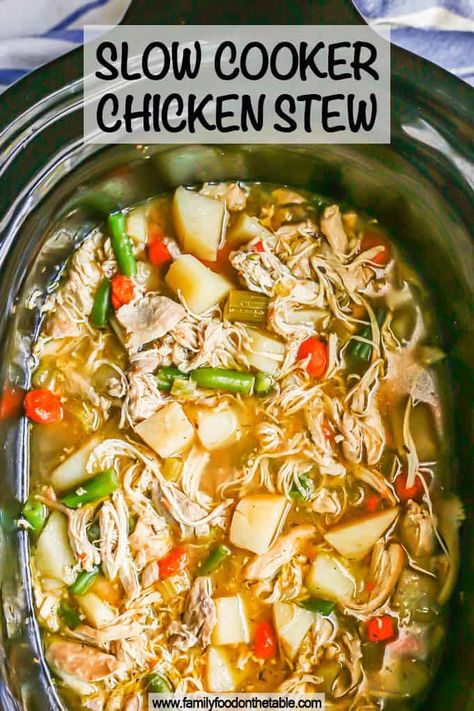 Slow cooker chicken stew is chock full of chunks of tender chicken and potatoes, pops of carrot and green beans and is perfect for a warm, cozy, healthy dinner on a chilly night. Chicken Stew Slow Cooker, Stew Slow Cooker, Creamy Chicken Stew, Slow Cooker Chicken Stew, Chicken And Potatoes, Food On The Table, Crockpot Dishes, Chicken Potatoes, Crock Pot Soup