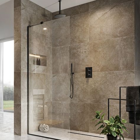 This beautiful showerhead and ceiling arm set has an on-trend design in a stunning Matt Black finish. The showerhead is 250mm wide and ultra-slim giving it a compact, streamlined look.  The ceiling arm is 200mm long, which is an ideal projection for most shower rooms. Matt Finish Bathroom Tiles, Moody Shower Room, Shower From Ceiling, Black Walk In Shower Ideas, Big Showers Walk In, Large Shower Room, Attic Ensuite, Beautiful Showers, Shower Room Design