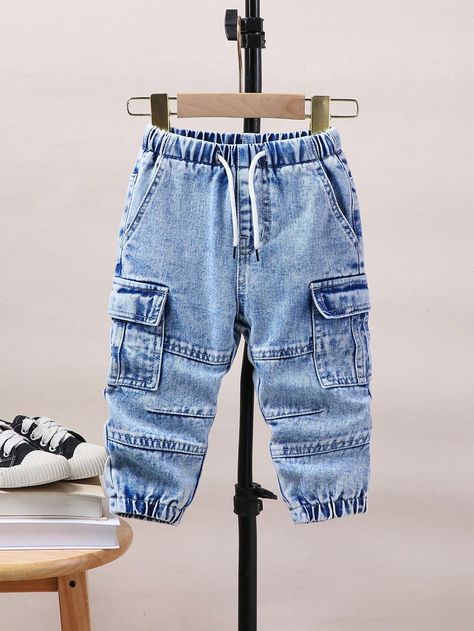 Baby Boys Vintage Casual Street-Style Loose Multi-Pocket Relaxed Fit Drawstring Waist Washed Light Blue Denim Cargo Pants Medium Wash    Denim Plain Bottoms Non-Stretch  Baby Boys Clothing, size features are:Bust: ,Length: ,Sleeve Length: Blue Denim Cargo Pants, Boys Denim Jeans, Long Sleeve Denim Jacket, Denim Cargo Pants, Hooded Denim Jacket, Denim Cargo, Boys Denim, Traje Casual