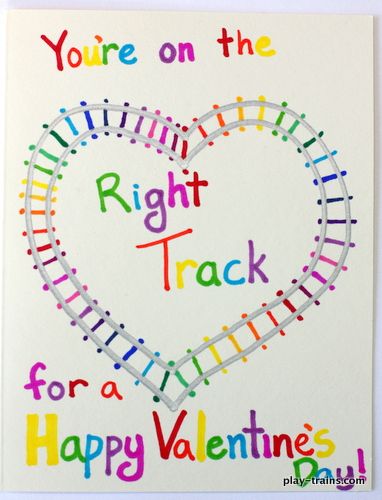 DIY Train Valentines @ Play Trains!  Make these brightly-colored railroad track valentines with a silver Sharpie (or whatever markers/pens/crayons you want to use) plus your choice of other colors. Train Puns, Train Valentine, Diy Train, Valentine Bulletin Boards, Homemade Valentines Day Cards, Diy Preschool, Sharpie Crafts, Train Theme, Birthday Card Craft