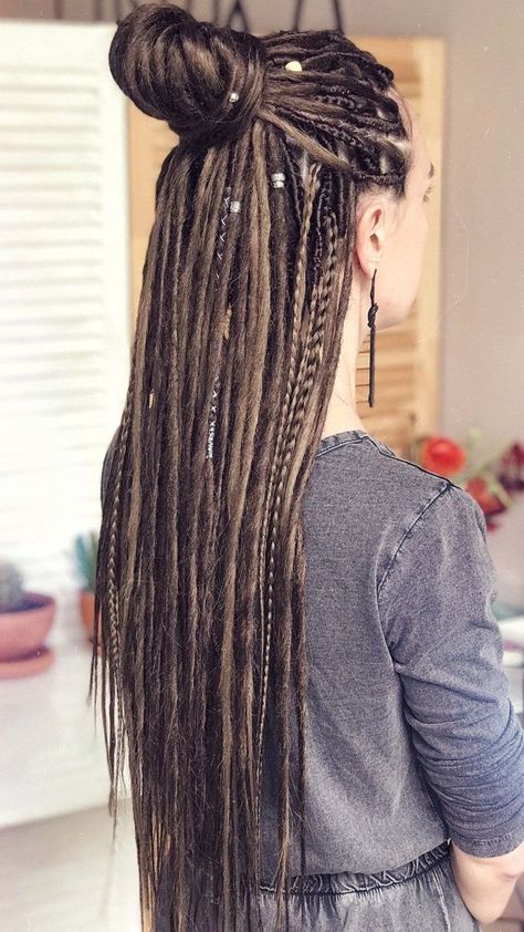 Dreadlocks And Braids, Braids And Dreads Mixed, Dreads Vs Locs, Braided Dreads For Women, Partial Dreads Placement, Long Dreads Styles For Women, Small Dreadlocks, Dreadlock Braids, Synthetic Dreads Hairstyles