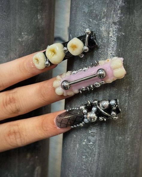 All Posts • Instagram Teeth Nails Art, Tooth Nails, Teeth Nails, Bad Nails, Witch Nails, Punk Nails, Goth Nails, Nails Now, Pretty Nail Designs