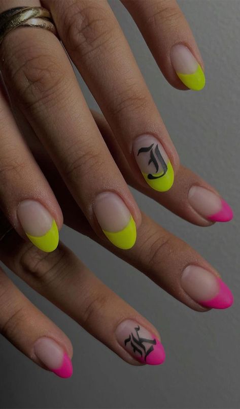 neon french tip nails, pink french tip nails, yellow french tip nails Bright Pink French Tip Nails, French Tip Nails Neon, Modern French Tip Nails, Modern French Tip, Pink French Tip Nails, Acrylic Nails Yellow, Colored French Tips, Pink Flower Nails, Tropical Vacation Nails