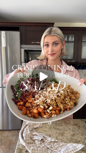 193K views · 10K likes | Jenny Bolle on Instagram: "Crispy Quinoa & Purple Sweet Potato Salad💜 Inspired by the people from the blue zones🌱 Eat more plants🏃‍♀️  Ingredients (4 servings) * 2 cups cooked quinoa * 1 purple sweet potato, cubed * 1 block extra-firm tofu, cubed * 1 tbsp gochujang (or 1 tsp sriracha/1 tbsp soy sauce) * 1 red onion, diced * 100g arugula or other greens * 1/2 cup chopped almonds * 1/2 cup sun-dried tomatoes, chopped Dressing: * 1 tbsp lemon juice * 2 tbsp tahini * 2 garlic cloves, minced * Lemon zest, salt, and pepper to taste  Instructions: 1. Preheat oven to 200C (392F). Cook quinoa as directed. 2. Toss tofu in gochujang. Arrange tofu and sweet potato on a baking sheet; bake until golden and tender. 3. Spread cooked quinoa on a parchment-lined tray. Bake until Purple Sweet Potato Salad, Tofu And Sweet Potato, Eat More Plants, Crispy Quinoa, Sweet Potato Salad, Cooked Quinoa, Purple Sweet Potato, Purple Potatoes, Firm Tofu