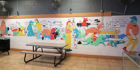 BARC Animal Shelter Mural — HYESU LEE Animal Shelter Wall Murals, Vet Mural, Dog Mural, Neat Drawings, College Wall Art, Office Mural, College Walls, Vet Clinic, Pet Clinic